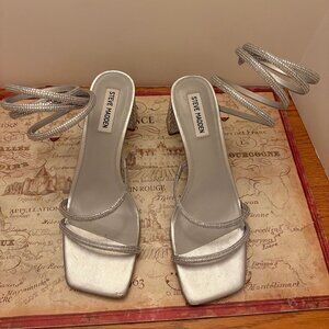 Steve Madden "Lopez" Silver Rhinestone Wrap Heels - Size 8.5